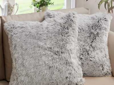 Gray Shaggy Faux Fur Decorative Throw Pillow with Plush Filling