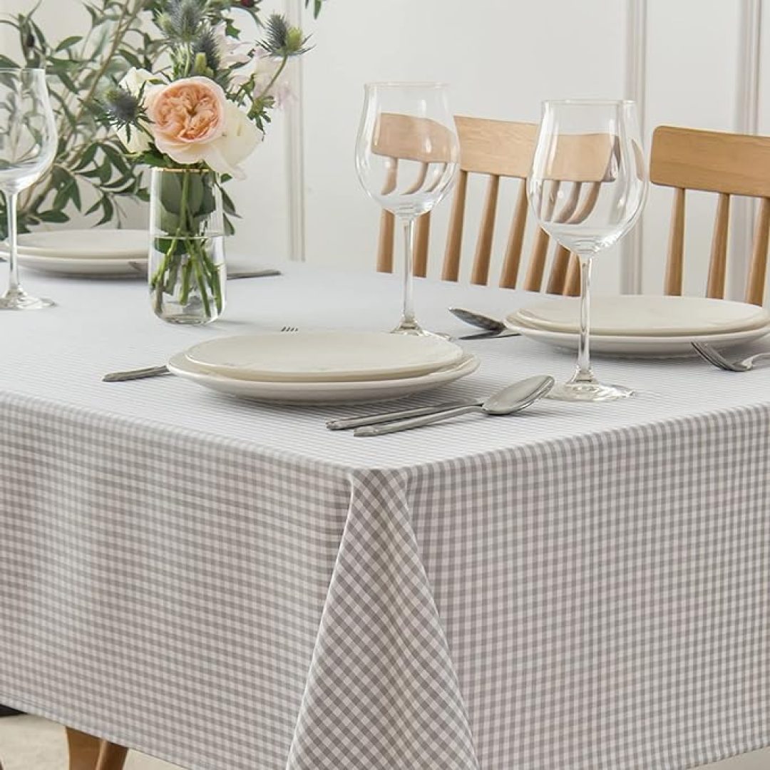 Grey & White Checkered Square Tablecloth – Stain, Waterproof & Wrinkle Resistant, 52×52 Inch