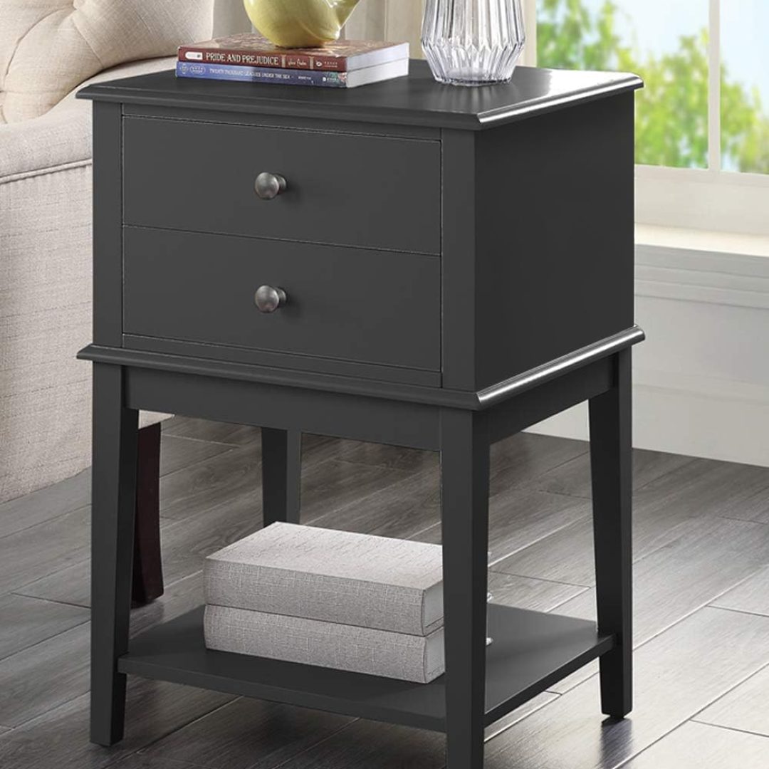Black Nightstand End Table with Drawers and Storage Shelf,Tall Bedside Tables for Bedroom