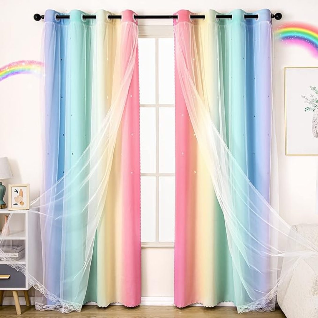 Blackout Stars Kids Curtains for Girls Bedroom Aesthetic Decor Colorful Kawaii Double Layer Star Cut Out Stripe Rainbow Window Wall Home Decoration Curtain,1 Panel, W52 x L84 Inches