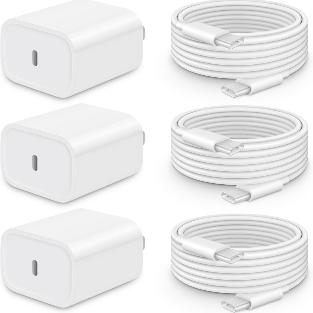 iPhone 15/16/17 3-Pack 20W USB-C Fast Wall Charger with 6FT Cable