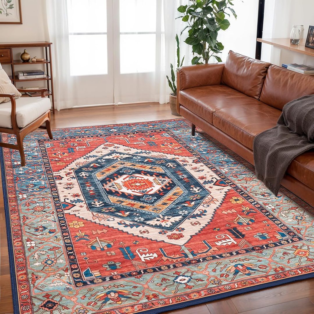 Washable Large Rugs for Living Room, Ultra Soft Non-Slip Rust Rug Print Distressed Vintage Farmhouse Carpet