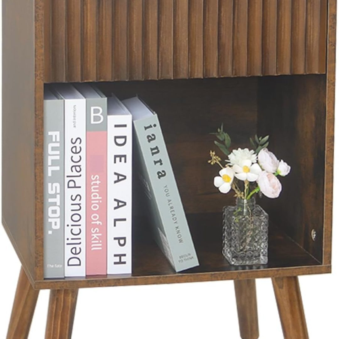 Mid Century Modern Nightstand, Wood Bedside Table with Drawer and Opening Storage, End Table Living Room Fluted Night Stand