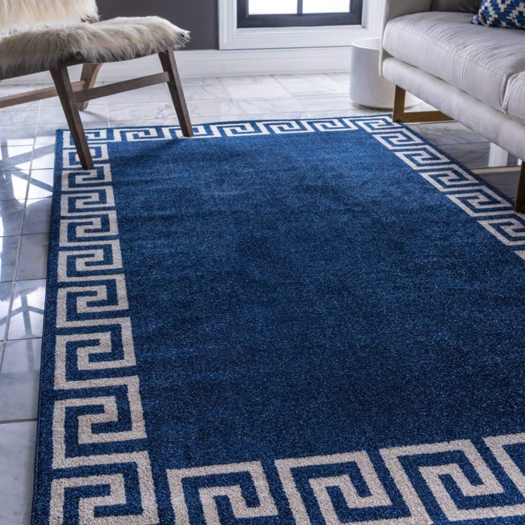Modern Border Design Area Rug, 9 ft x 12 ft, Navy Blue/Beige