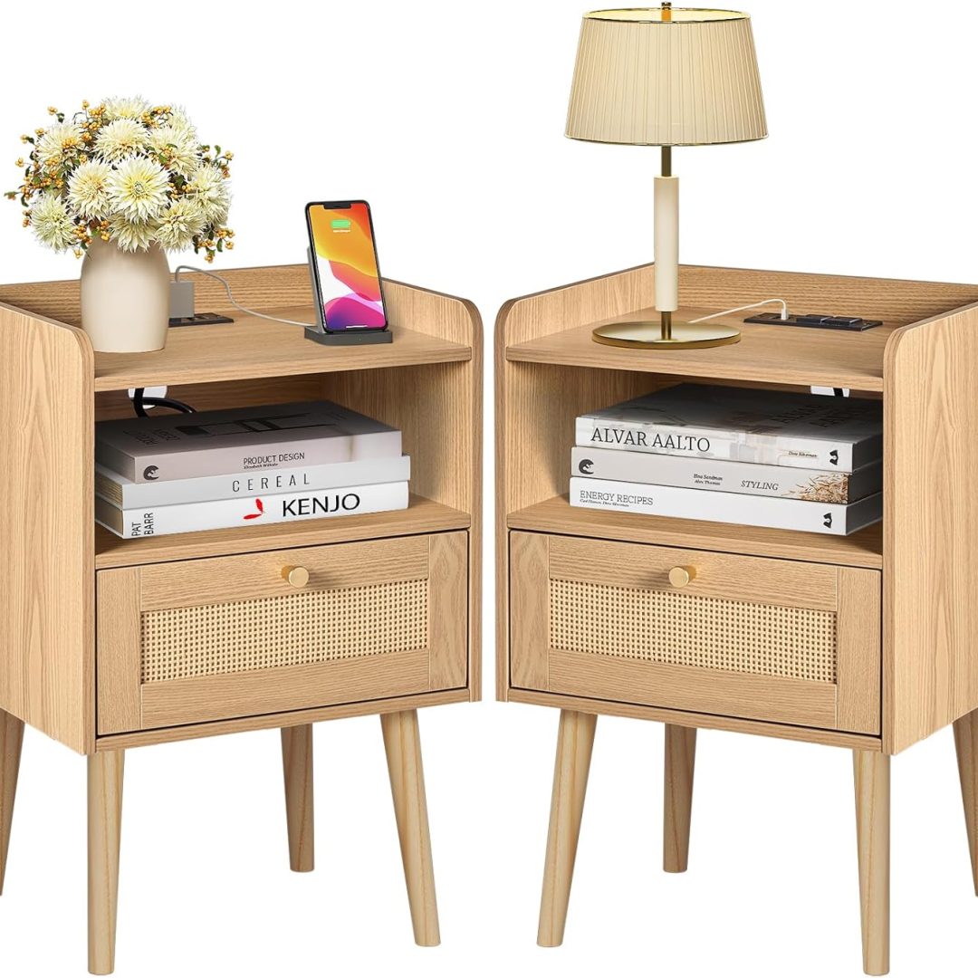 Night stand Set of 2, Bedside Tables with Charging Station, Rattan End Tables, Bed Side Tables, Wood Nightstands set of 2 for Farmhouse Kids’ Room Bedroom Living Room Dorm Sofa Office Corner