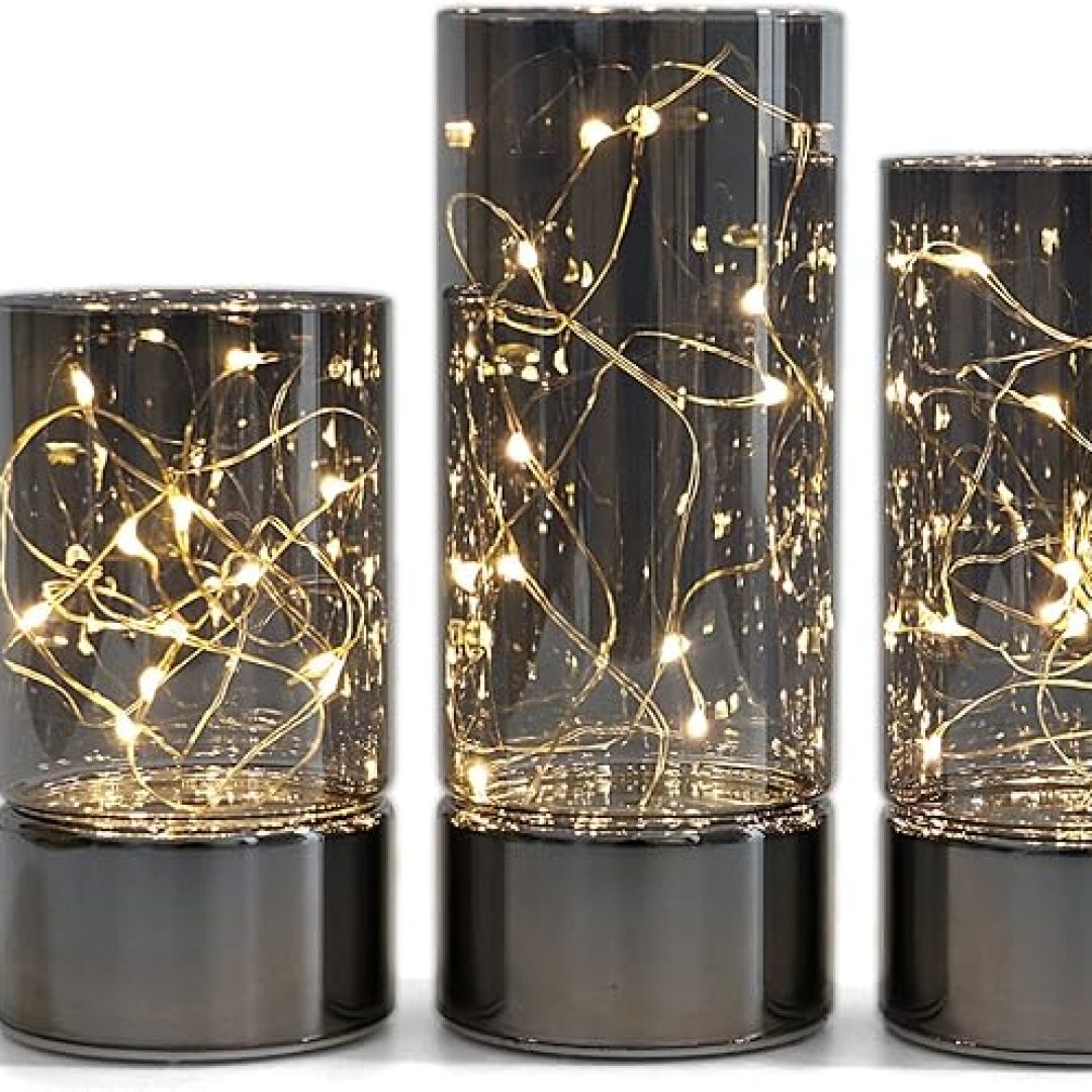 Set of 3 Glass Cylinder Lanterns with Fairy Lights