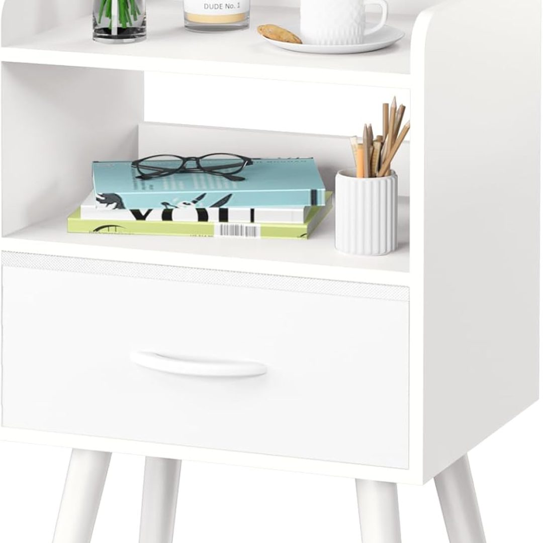Night Stand with Drawer, Modern Nightstand, Bedside Tables, Mid Century Nightstands with Open Storage Shelf