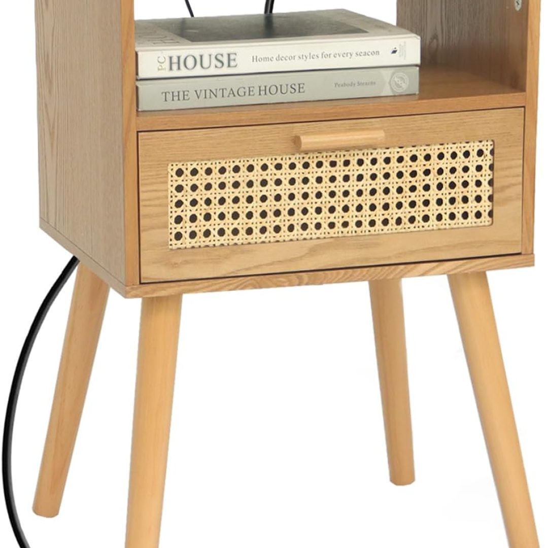Mid Century Modern Nightstand with Charging Station, Bedside Tables with Rattan Drawer, Small Wood Nightstand Side Table for Living Room