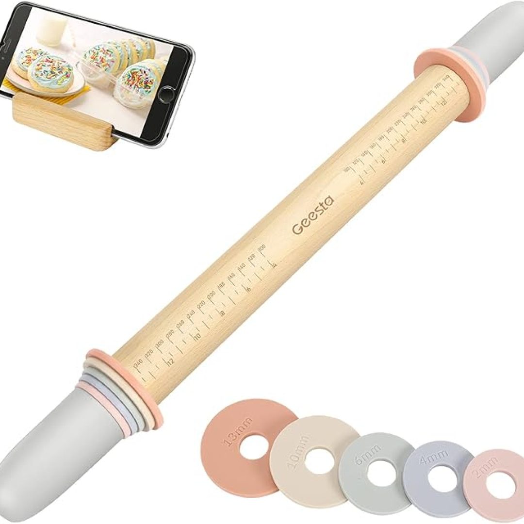 Adjustable Wood Rolling Pin with 5 Thickness Rings