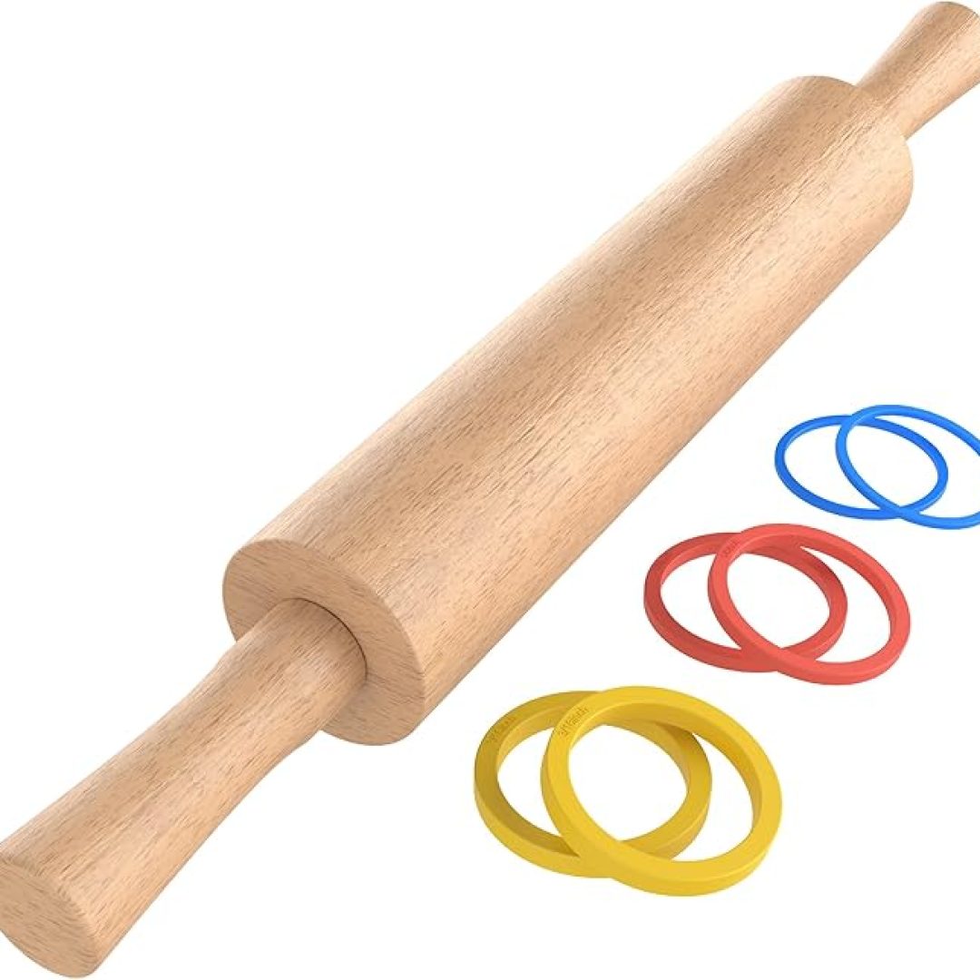 Classic Wooden Rolling Pin with 3 Multi-Color Thickness Rings