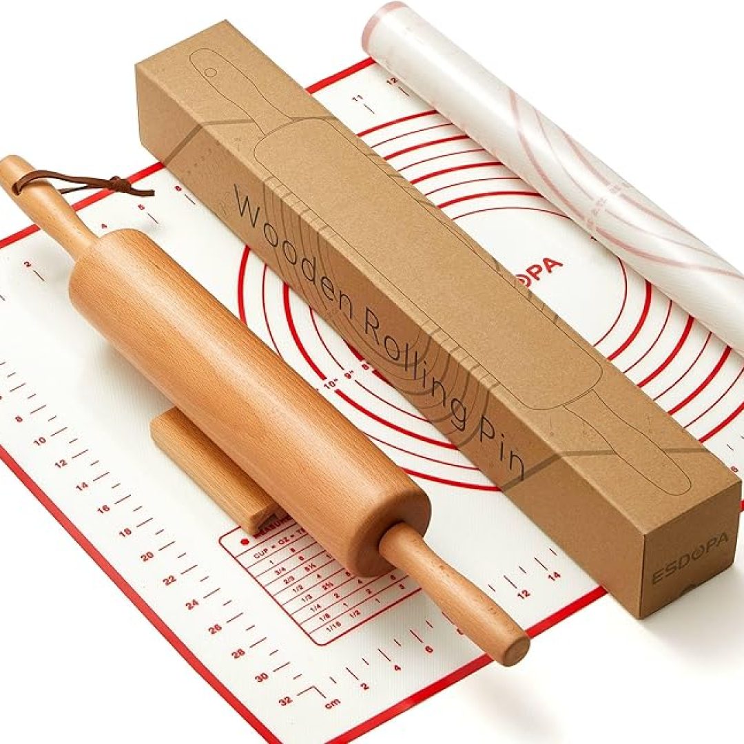 Wooden Rolling Pins for Baking Silicone Mat Set