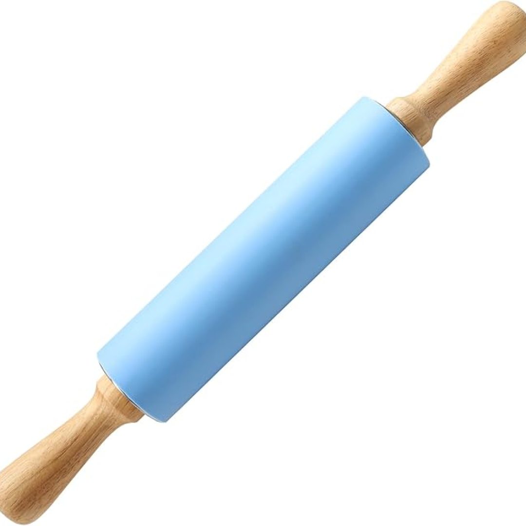 15-inch Silicone Rolling Pin Non-stick Surface and Comfortable Wood Handles