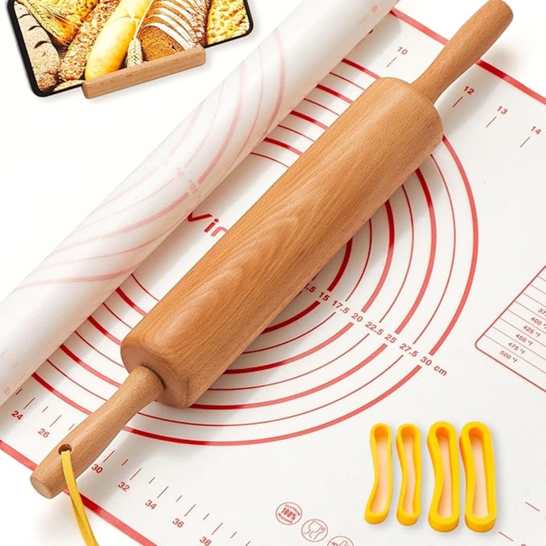 17″ Rolling Pins for Baking with Silicone Mat and Adjustable Thickness Rings