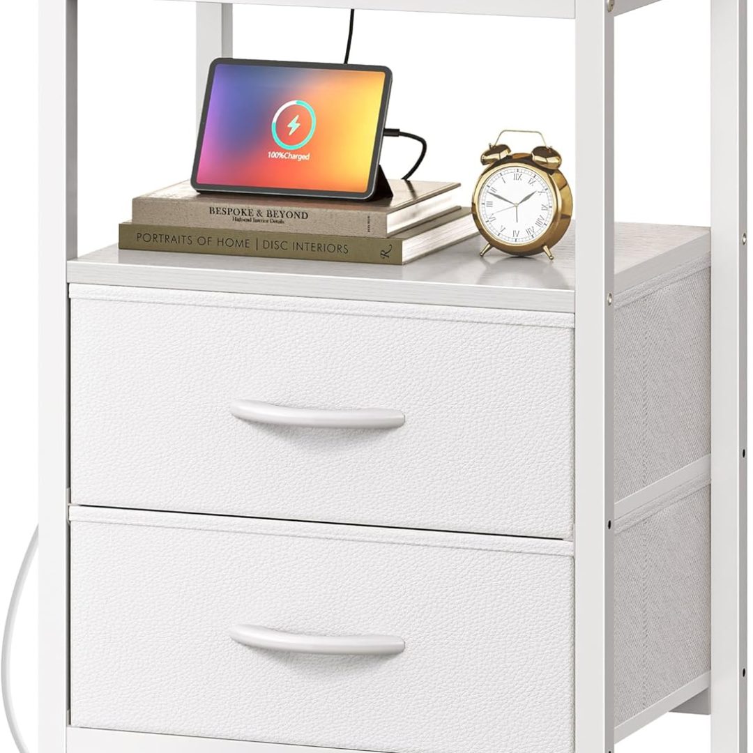 Nightstand with Charging Station, Side Table with Fabric Drawers, End Table with Open Shelf, Bedside Table with USB Ports and Outlets, Night Stand for Bedroom