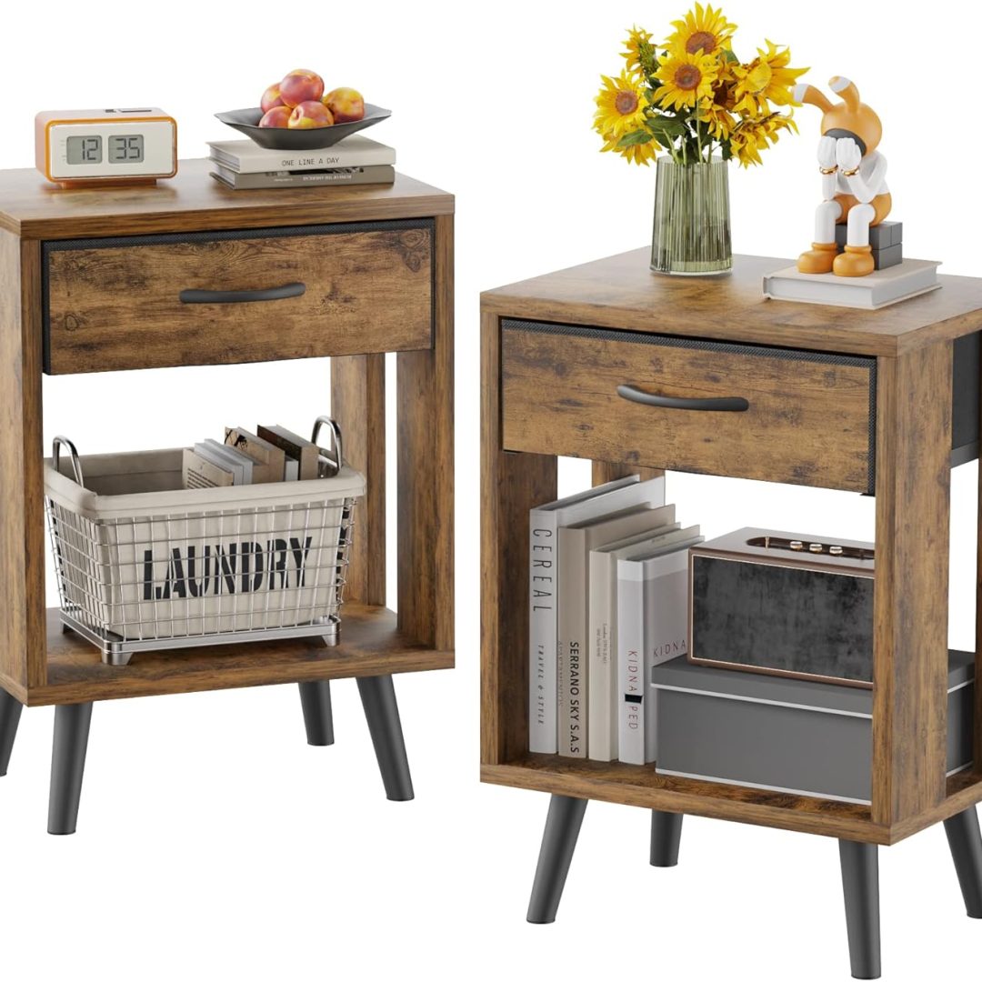 Nightstand Set of 2 with Fabric Drawers and Open Shelves – Rustic Bedroom Side Tables