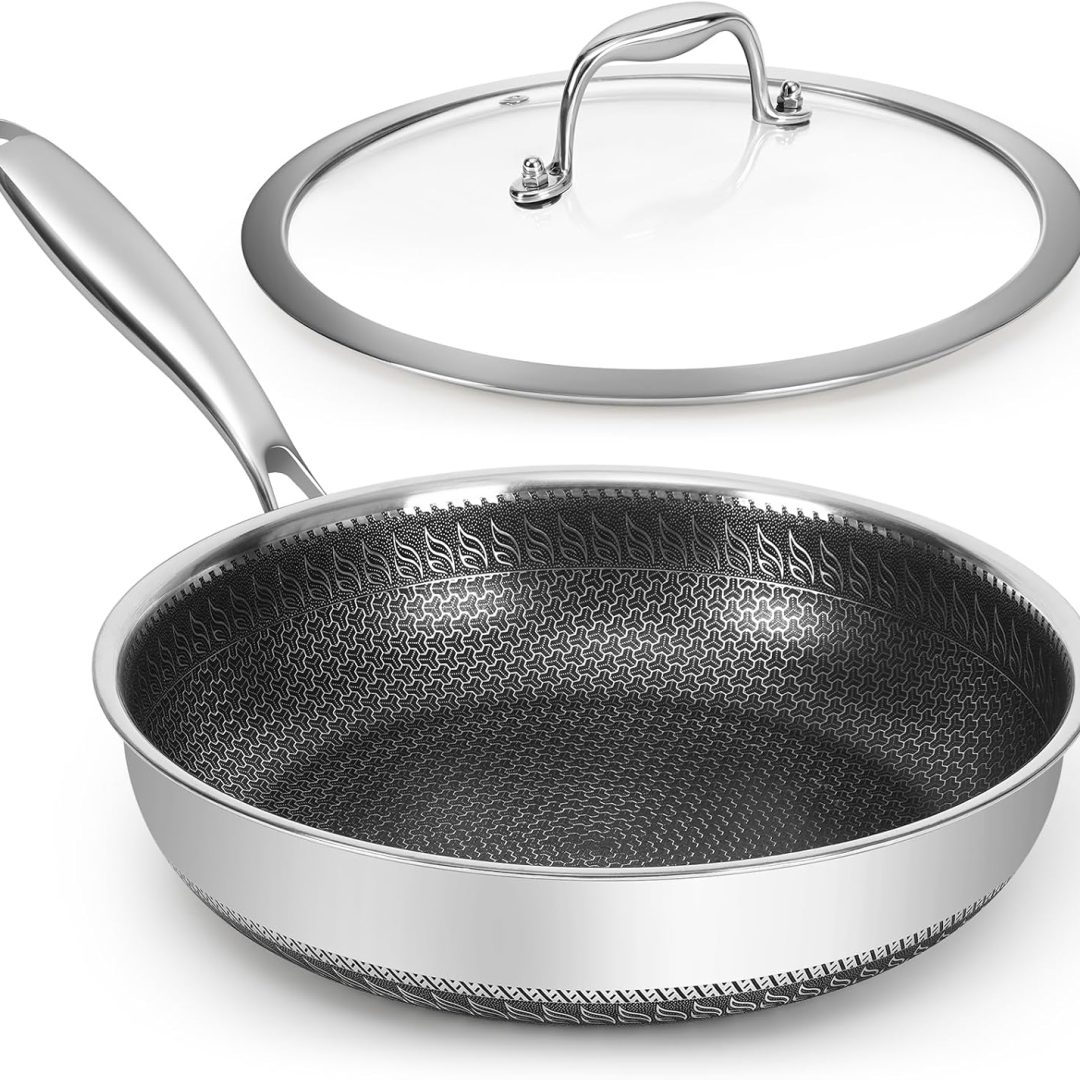 10.5 inches Frying Pan Nonstick Skillet 2.5 Qt Deep Non Stick Stainless Steel Sauté Pan with Lid