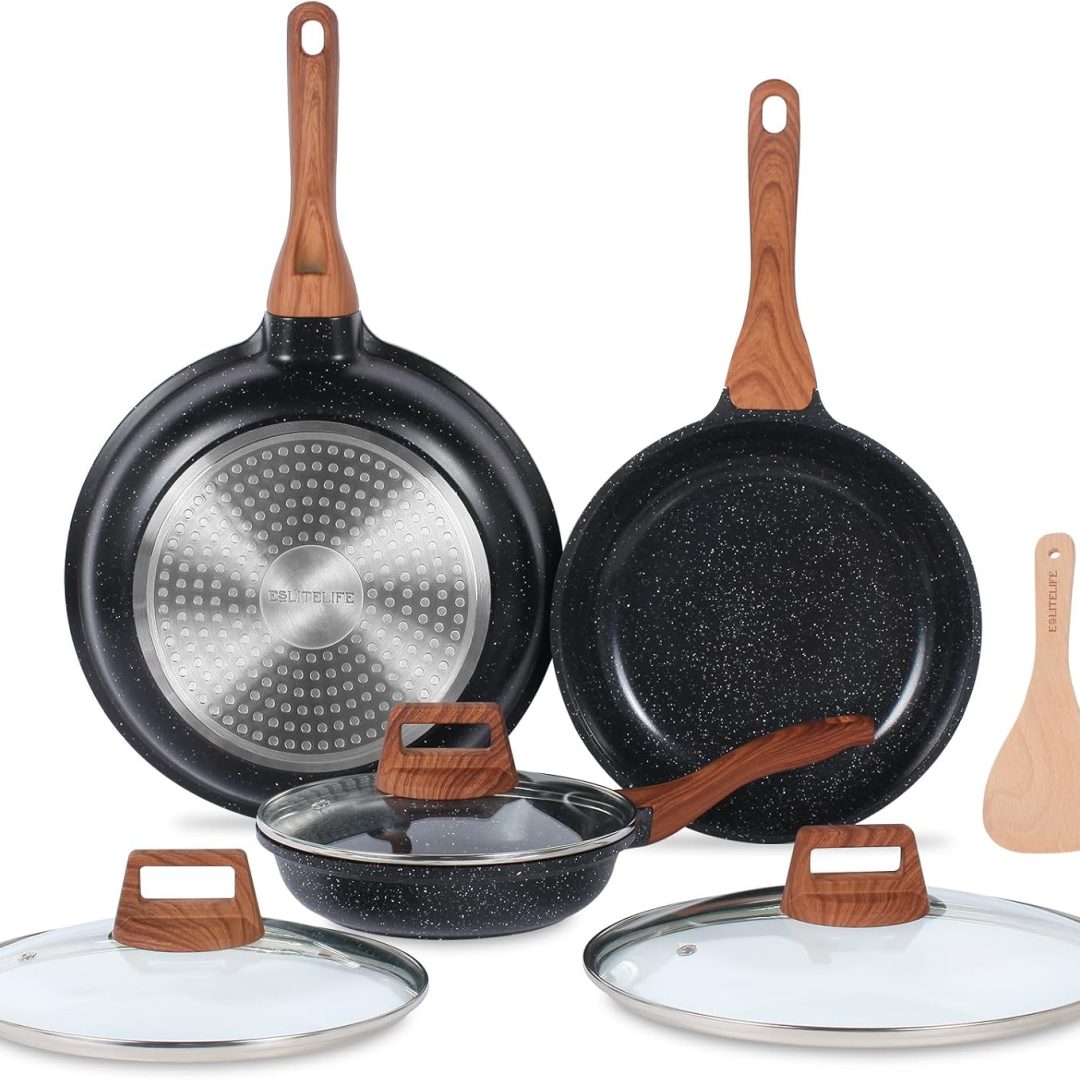 Nonstick Ceramic Frying Pans Skillets Set with Lids, Non-Toxic Egg Omelette Kitchen Cooking Pans