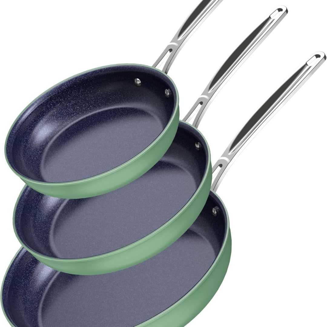 3-Piece 8”, 10”, 12” Forged Lightweight Frying Pan Set, G10 Healthy Duralon Blue Ceramic Ultra Non-Stick