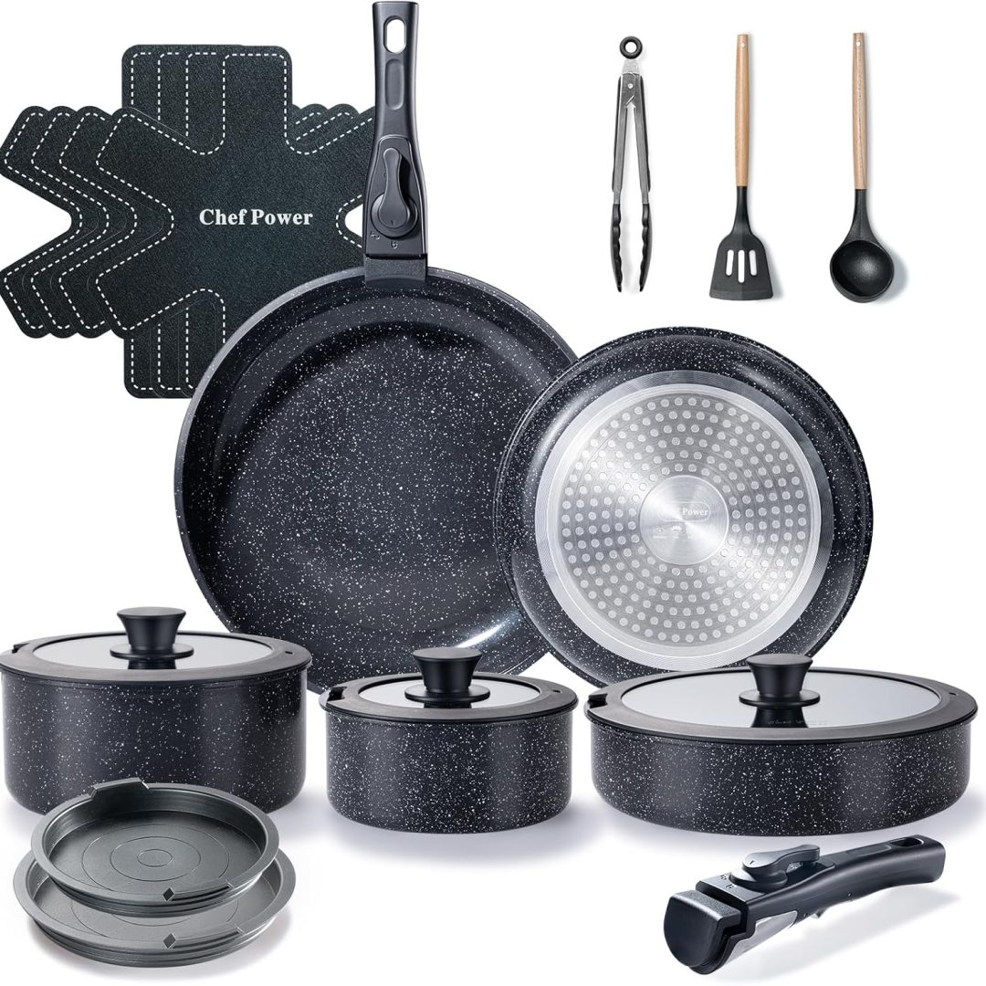 Ceramic Nonstick Cookware Set 19 Piece with Detachable Handle, Induction Dishwasher Oven Safe Pans and Pots Set