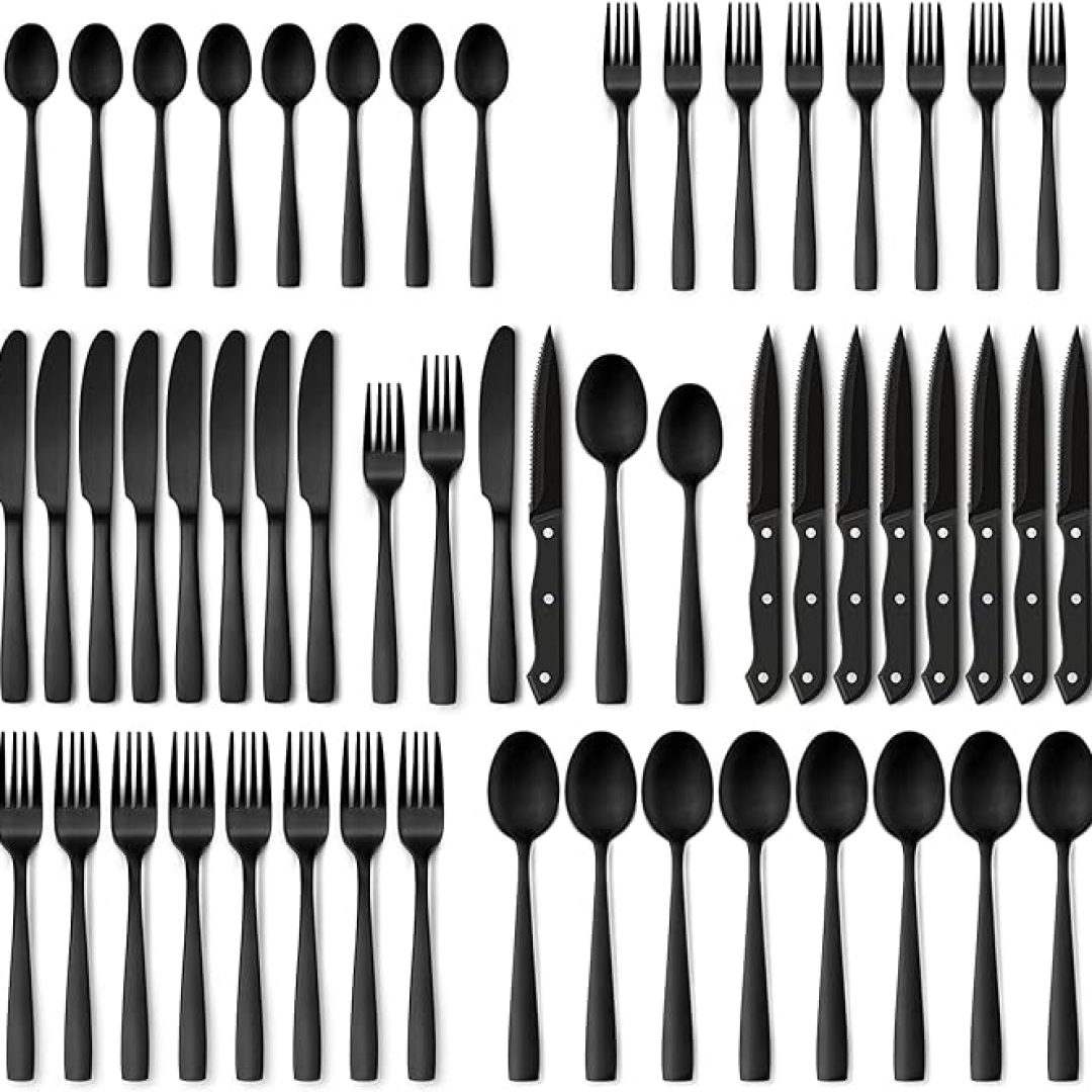 48-Piece Matte Black Silverware Set with Steak Knives