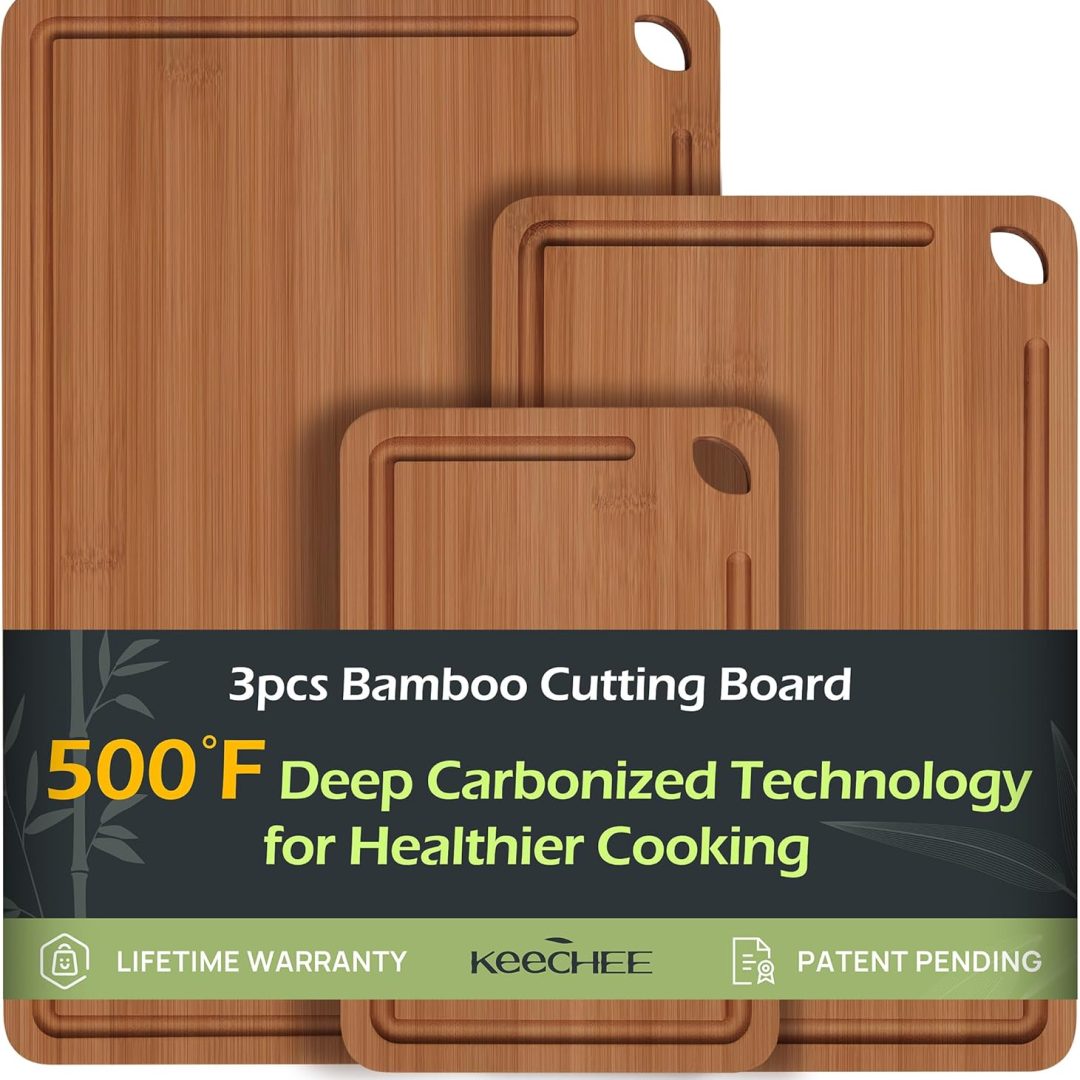 Bamboo Cutting Board, Durable Wood Cutting Boards for Kitchen with Deep Juice Grooves & Built-in Handles