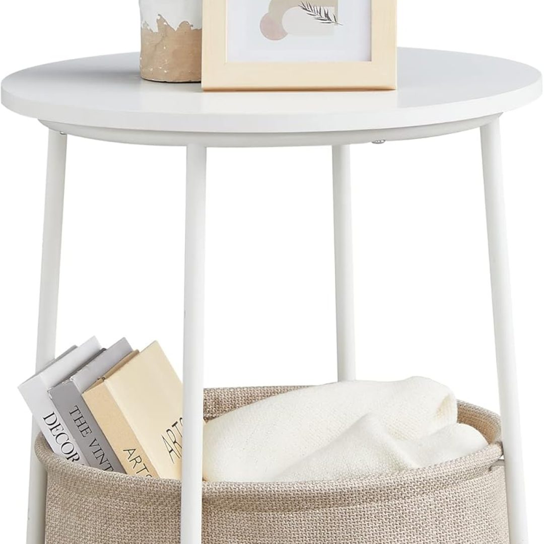 End Table, Small Bedside Table with Fabric Basket, Modern Nightstand, Round Side Table, for Living Room, Bedroom