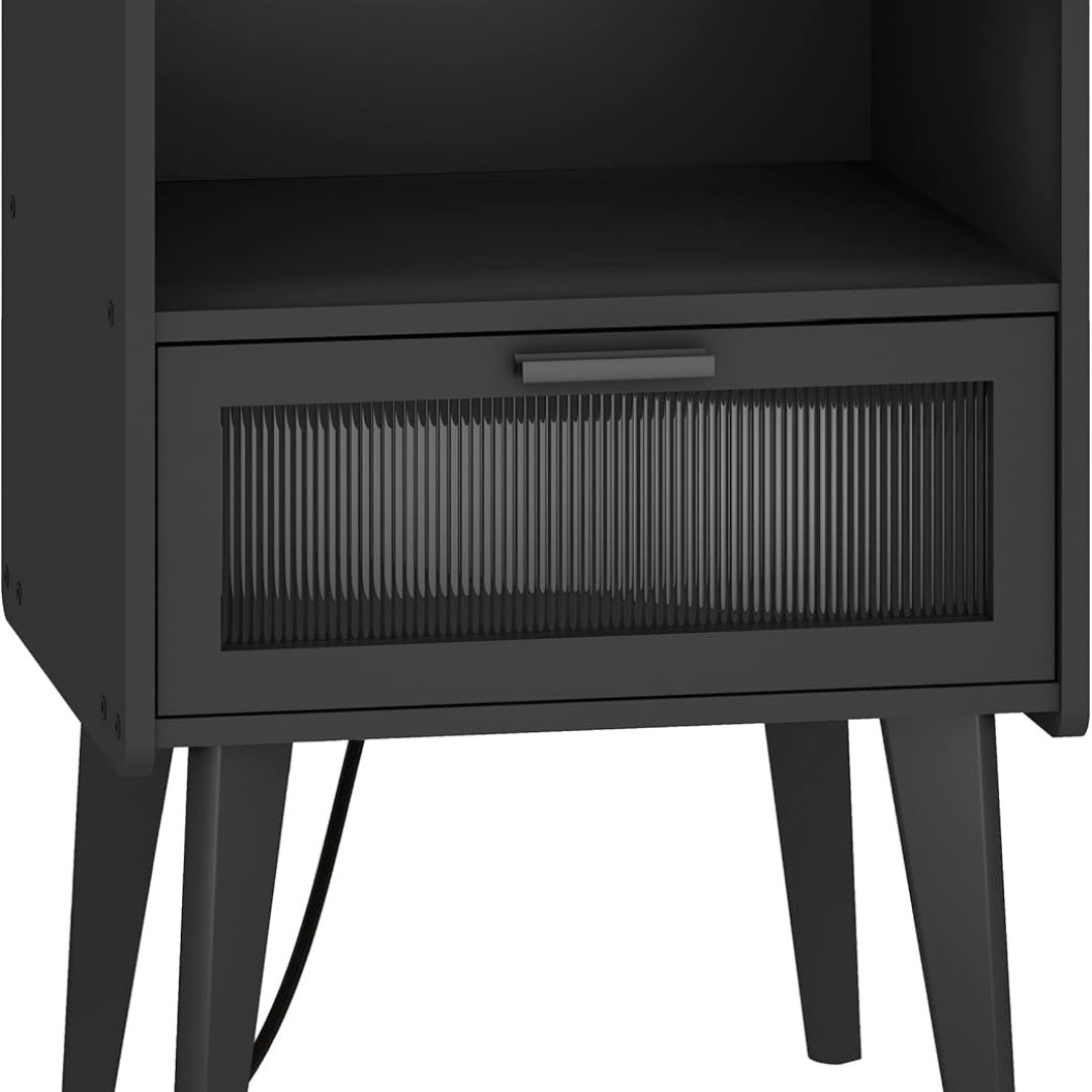 Nightstand with Charging Station, Bedside Tables, End Table Side Table with 2 Tiers Storage Space, for Bedroom, Living Room