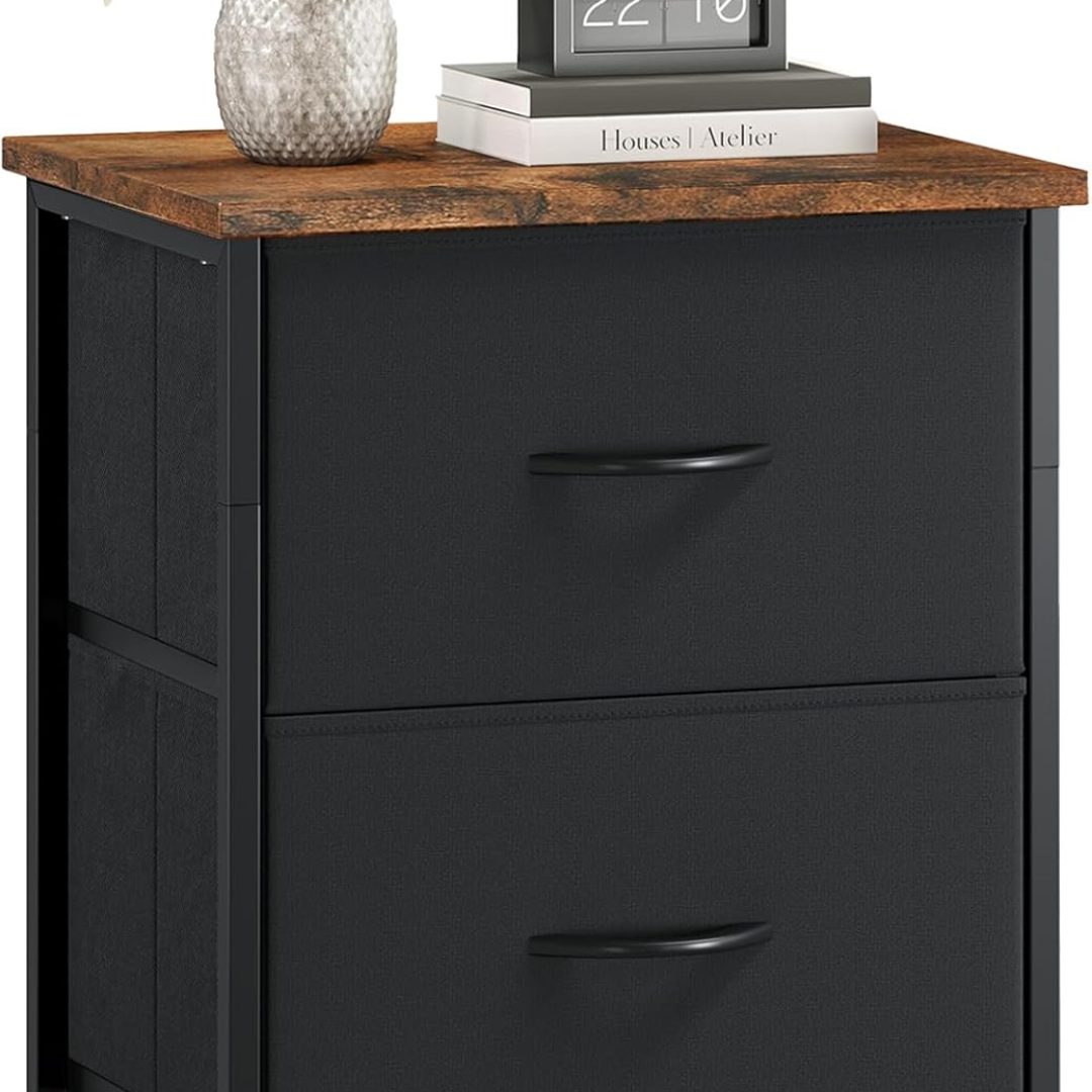 Nightstand with 2 Drawers, Bedside Table Small Dresser with Removable Fabric Bins for Bedroom Nursery Closet Living Room – Sturdy Steel Frame, Wood Top