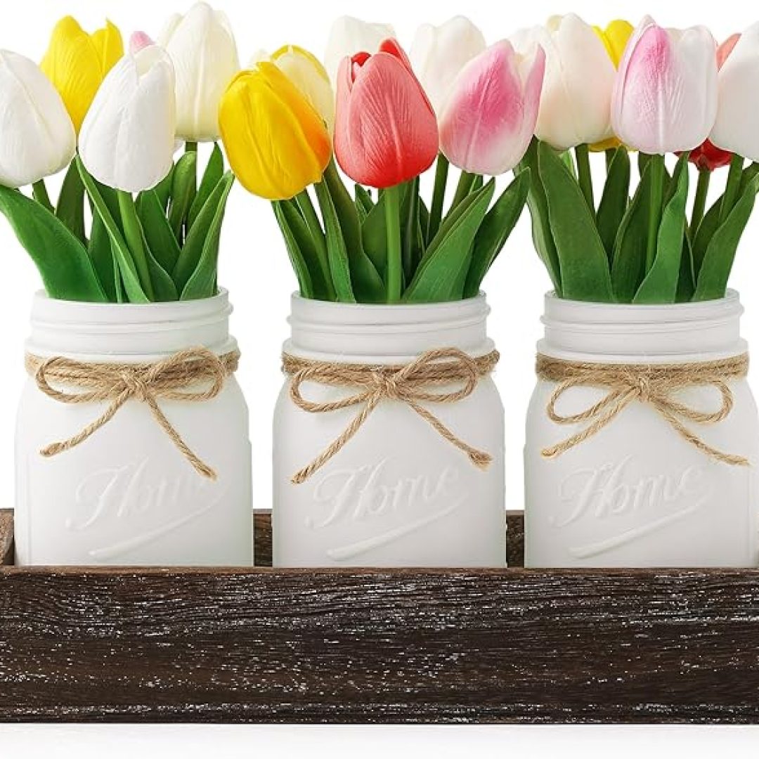 Spring Easter Coffee Table Decor with Tulips Artificial Flowers