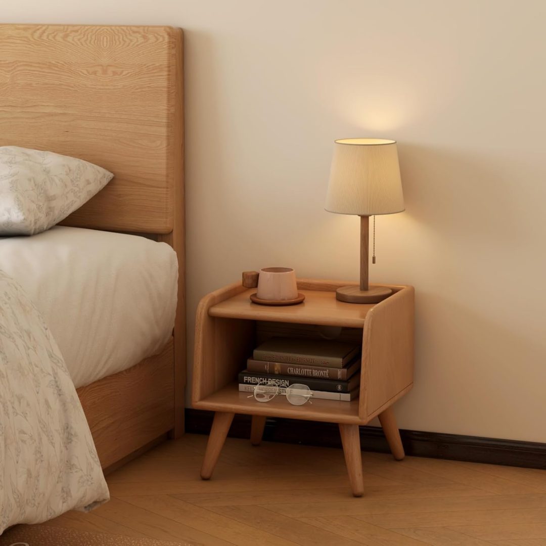 Short Nightstand, Natural Solid Wood Nightstand with Open Storage, Mid Century Modern Night Stand, Small Bedside Table for Small Spaces, Wooden Night Stand for Bedroom