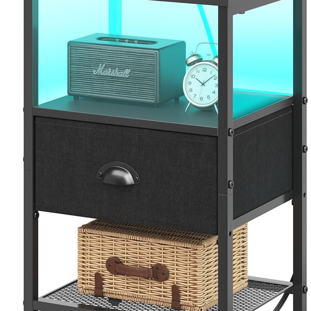 Nightstands with Charging Station, LED Bedside Tables with Charging Station and Fabric Drawer, Night Stand with Storage, 3 Tier Side Table with Open Shelf, LED Nightstand Bedside Table