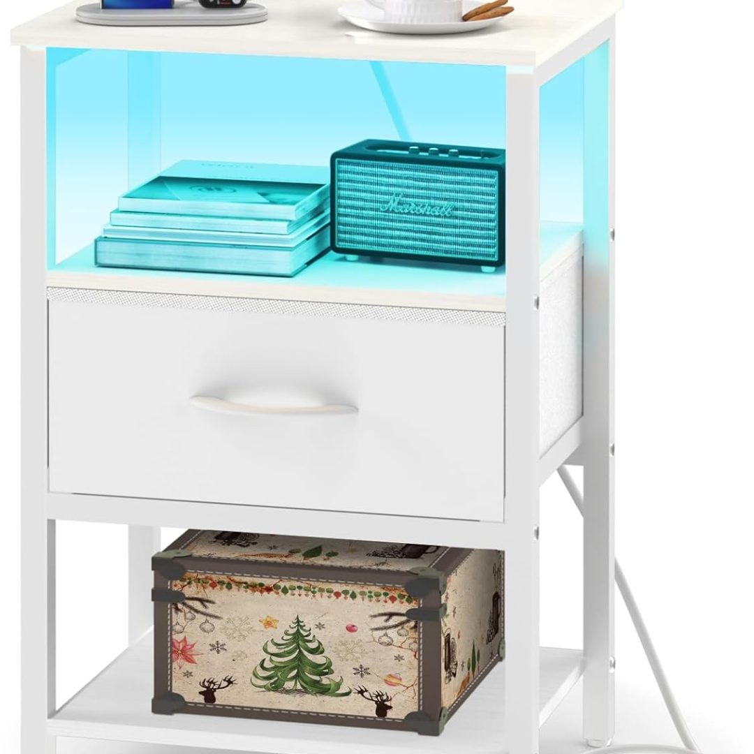 White Night Stand with Charging Station, LED Nightstand for Bedroom, Bedside Tables with Adjustable Fabric Drawer, 3-Tier End Table Living Room, Small Side Table with Storage