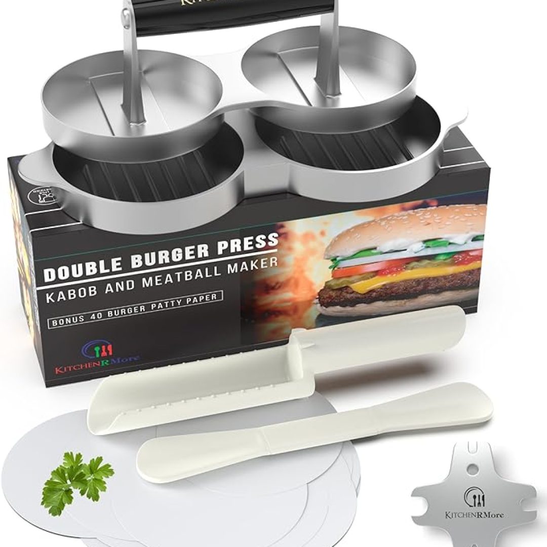 Double Burger Press & Kabob Maker – Non-Stick Aluminum with Patty Papers & Recipe EBook