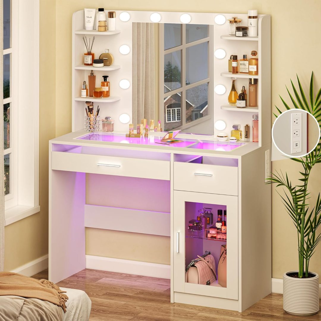 Vanity Desk with Mirror and Lights, Makeup Vanity Desk with Lights 3 Colors, Transparent Top Vanity with 2 RGB Drawers, 6 Shelves, Large Tempered Cabinet, Power Outlet, for Bedroom