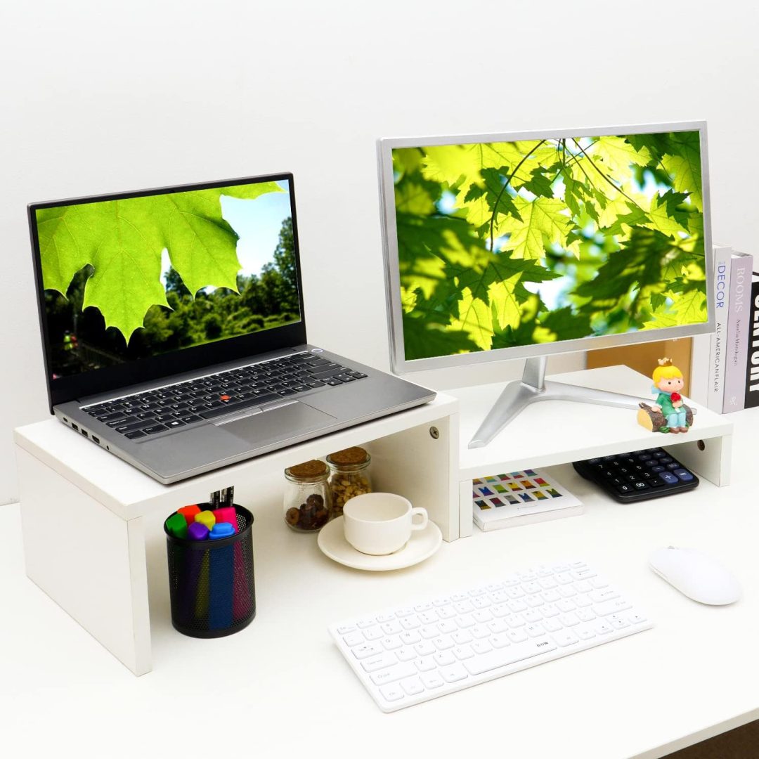 2-Pack Adjustable White Wooden Monitor Stand Riser for Laptop PC