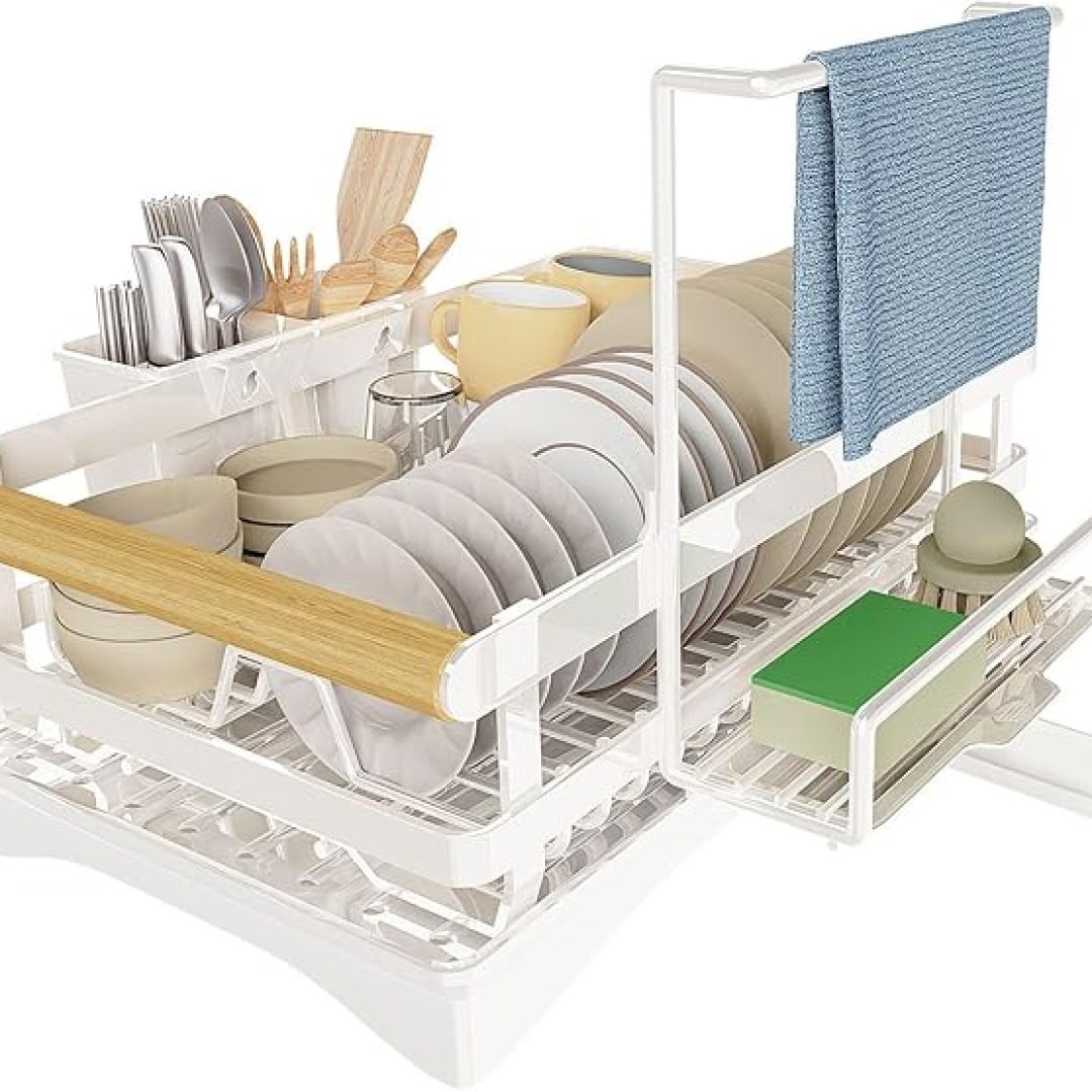 Dish Drying Rack for Kitchen Counter, Space-Saving Dish Rack with Removable Utensil Holder
