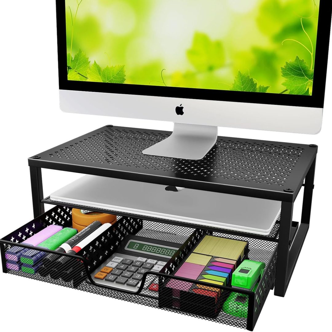 Metal Monitor Stand Riser with Drawer Desk Organizer for Laptop PC
