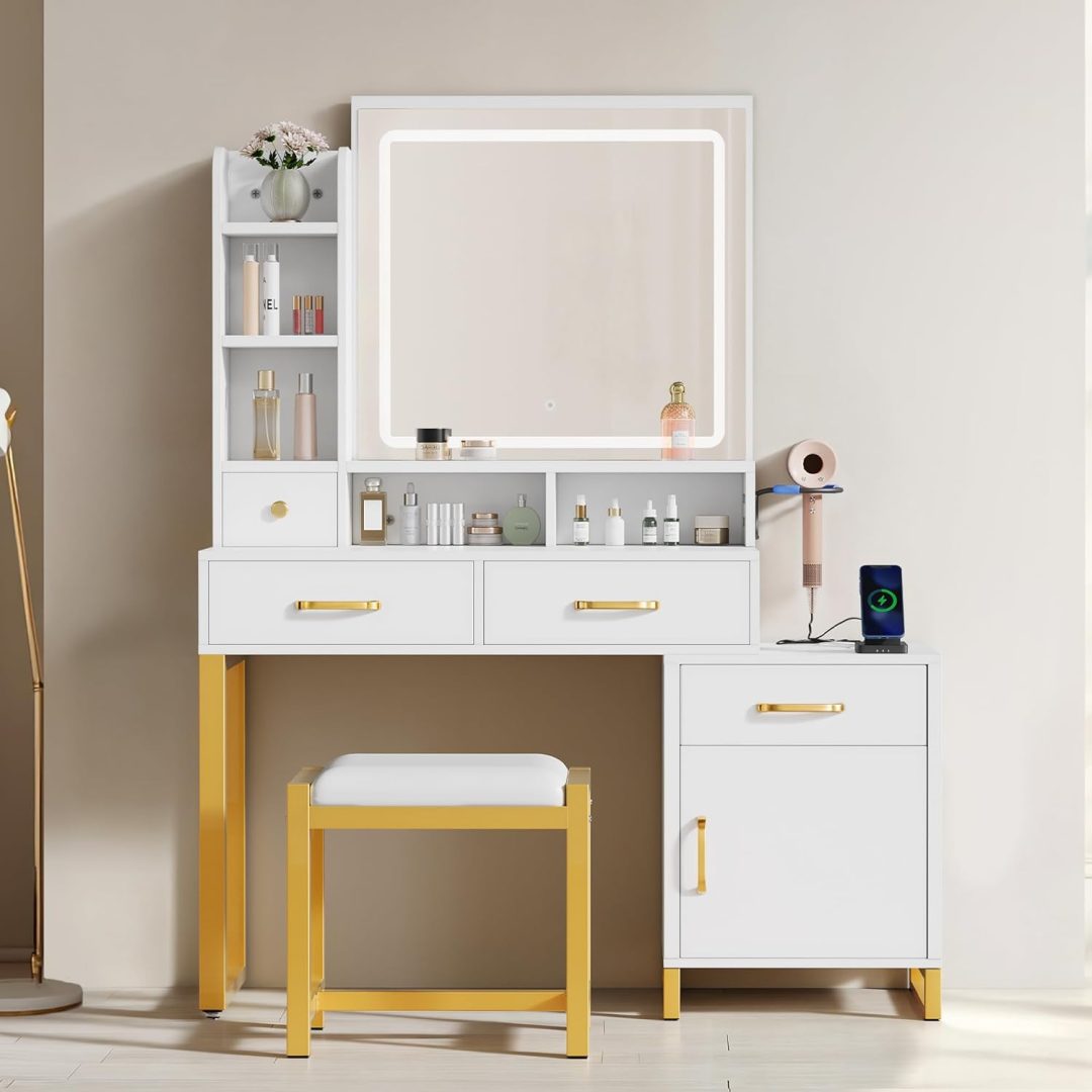 41.3″ Vanity Desk with Lighted Mirror, Drawers & Power Outlet