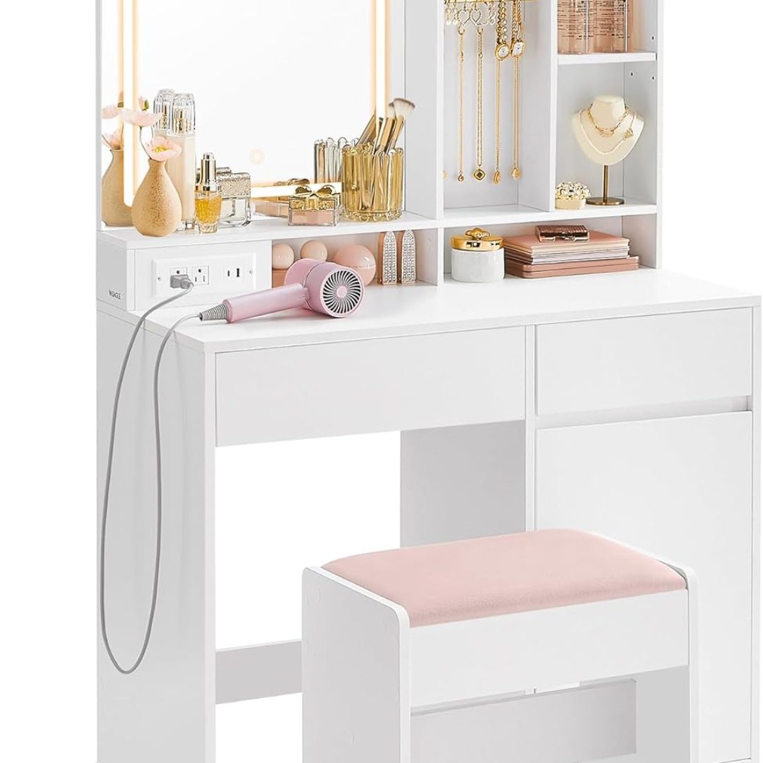 Vanity Desk with Mirror and Lights, Power Outlets, Vanity Table Set with Stool, Drawers, 35.4-Inch Wide Makeup Vanity, Jewelry Storage, Adjustable Shelves, for Bedroom