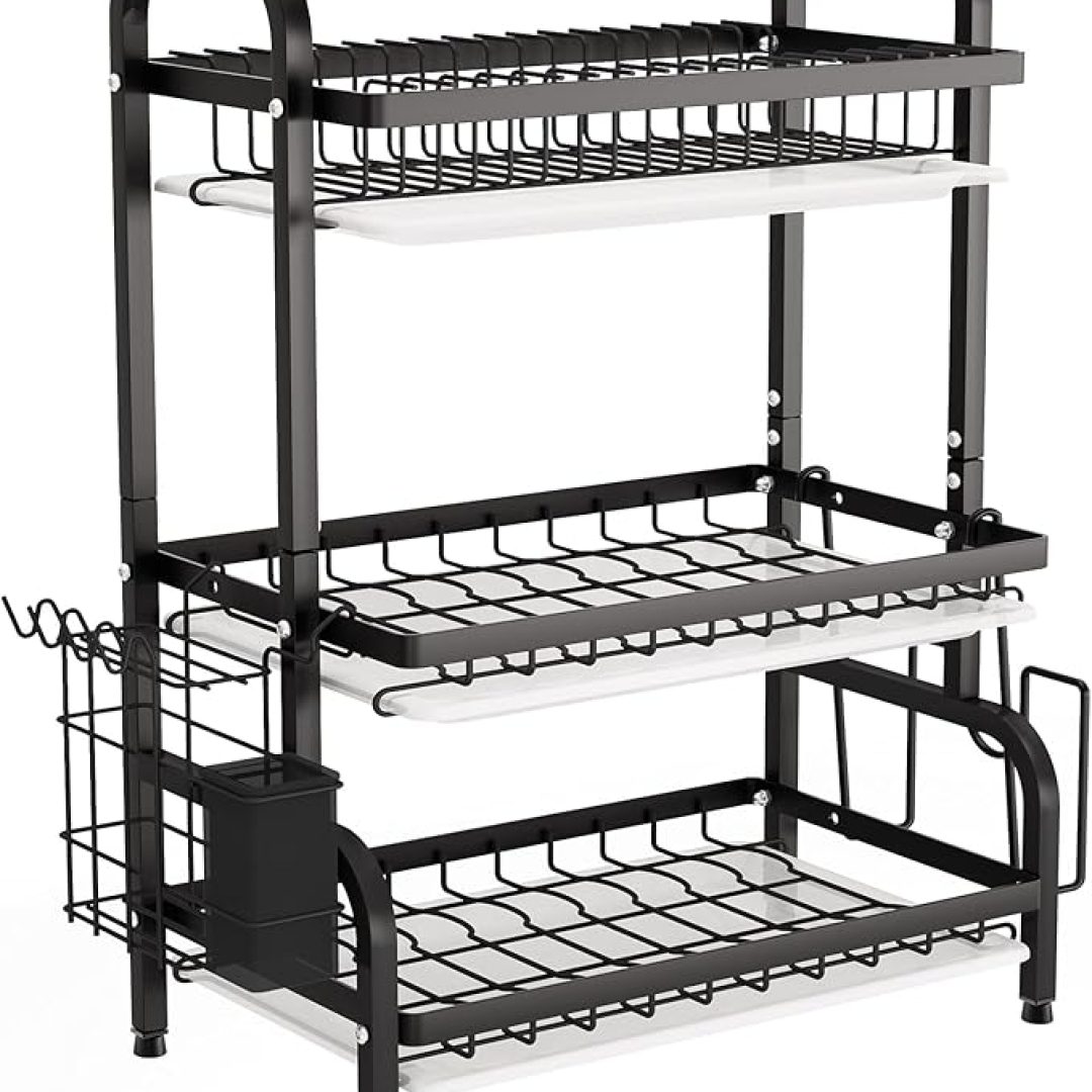 Drying Rack, Metal 3-Tier Large Capacity Dish Rack with Utensil Holder