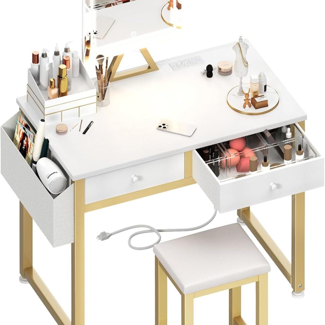 Small Makeup Vanity Desk with Fabric Drawers, 32 inch White Vanity Desks with Mirror and Light, Dressing Table and Chair Set with Power Outlet for Girls Bedroom
