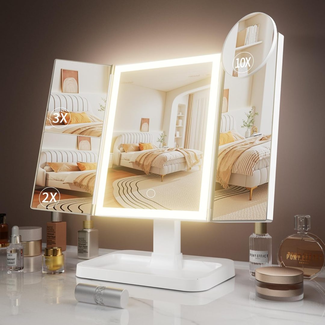 frano Makeup Vanity Mirror with Lights, Rechargeable Lighted Makeup Mirror with 2X 3X 10X Magnification, Led Mirror Makeup with 3 Colors Lights, Portable Mirror for Travel Desk