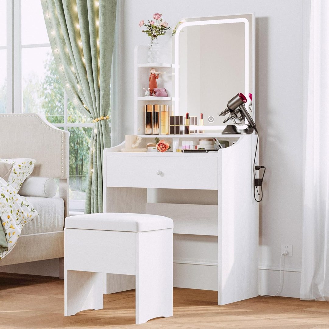 Small Makeup Vanity Desk with Mirror and Lights, Vanity Table Set with Storage Drawer, Chair and Three Shelves