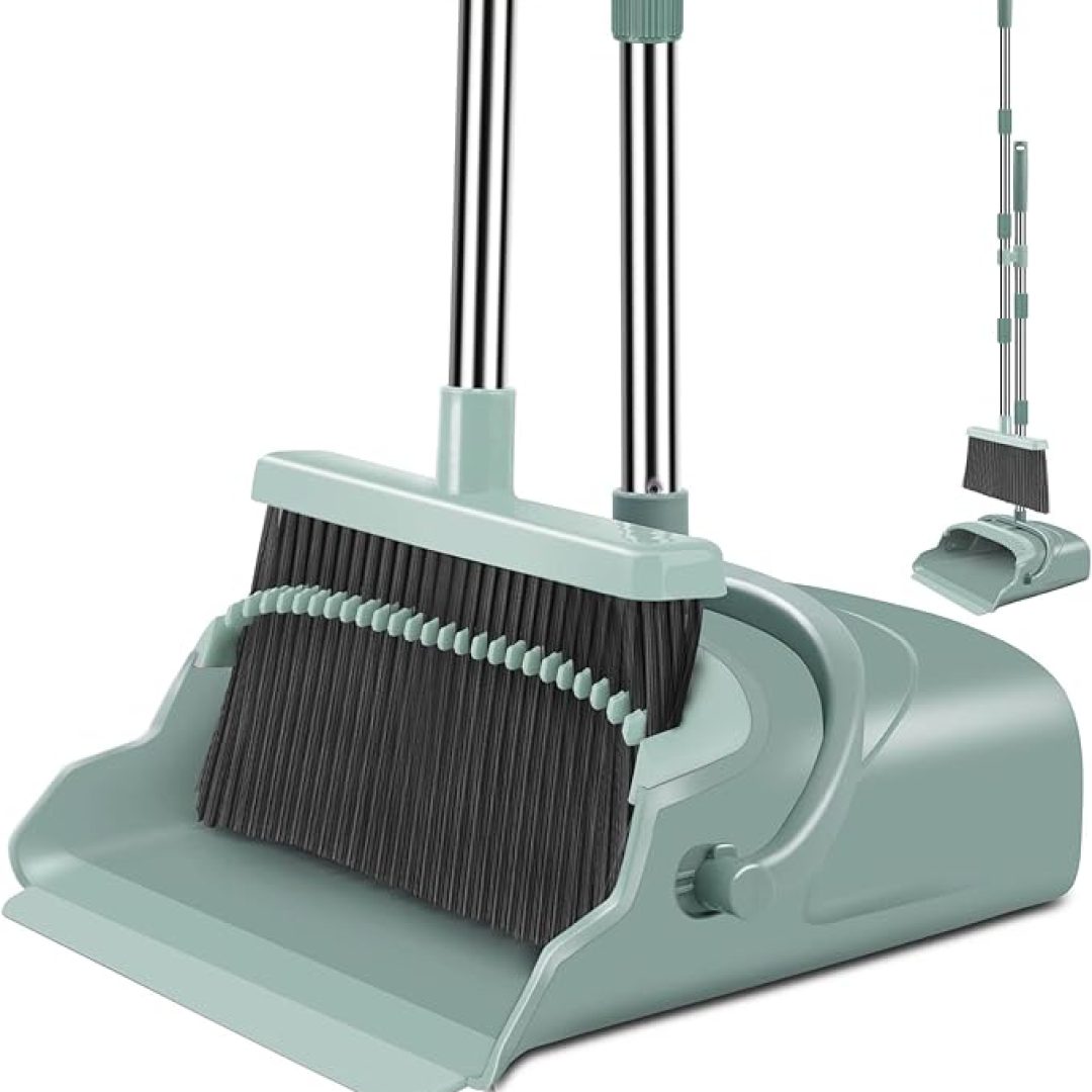 kelamayi 2023 Upgrade Broom and Dustpan Set, Large Size and Stiff Broom Dust pan with Long Handle, Upright,Ideal for Indoor Outdoor Garage Kitchen Room Office Lobby Use (Green)