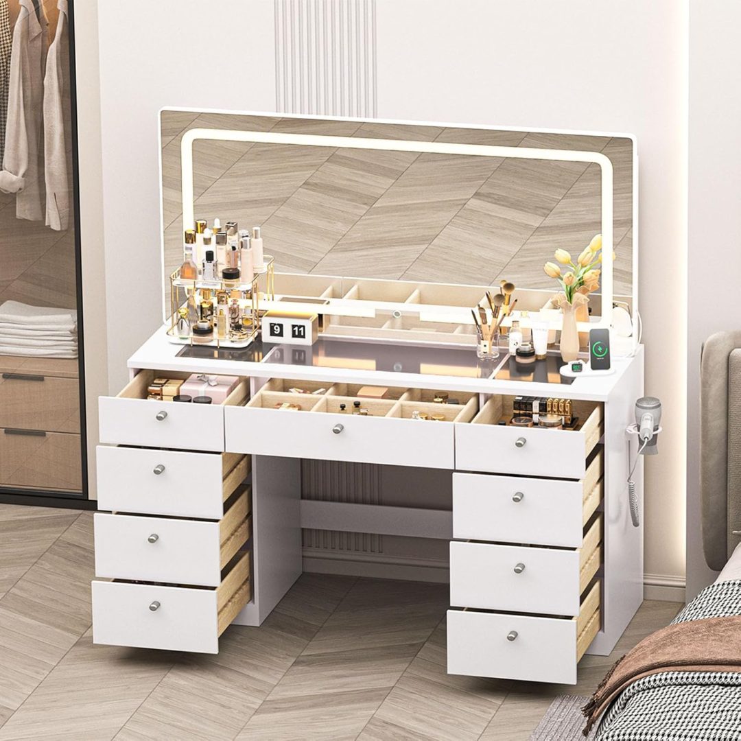 Makeup Vanity Desk with Mirror – 46 INCH Glass Tabletop Vanity Table with Lights, Drawers, Power Outlet, Large Storage Desk for Bedroom