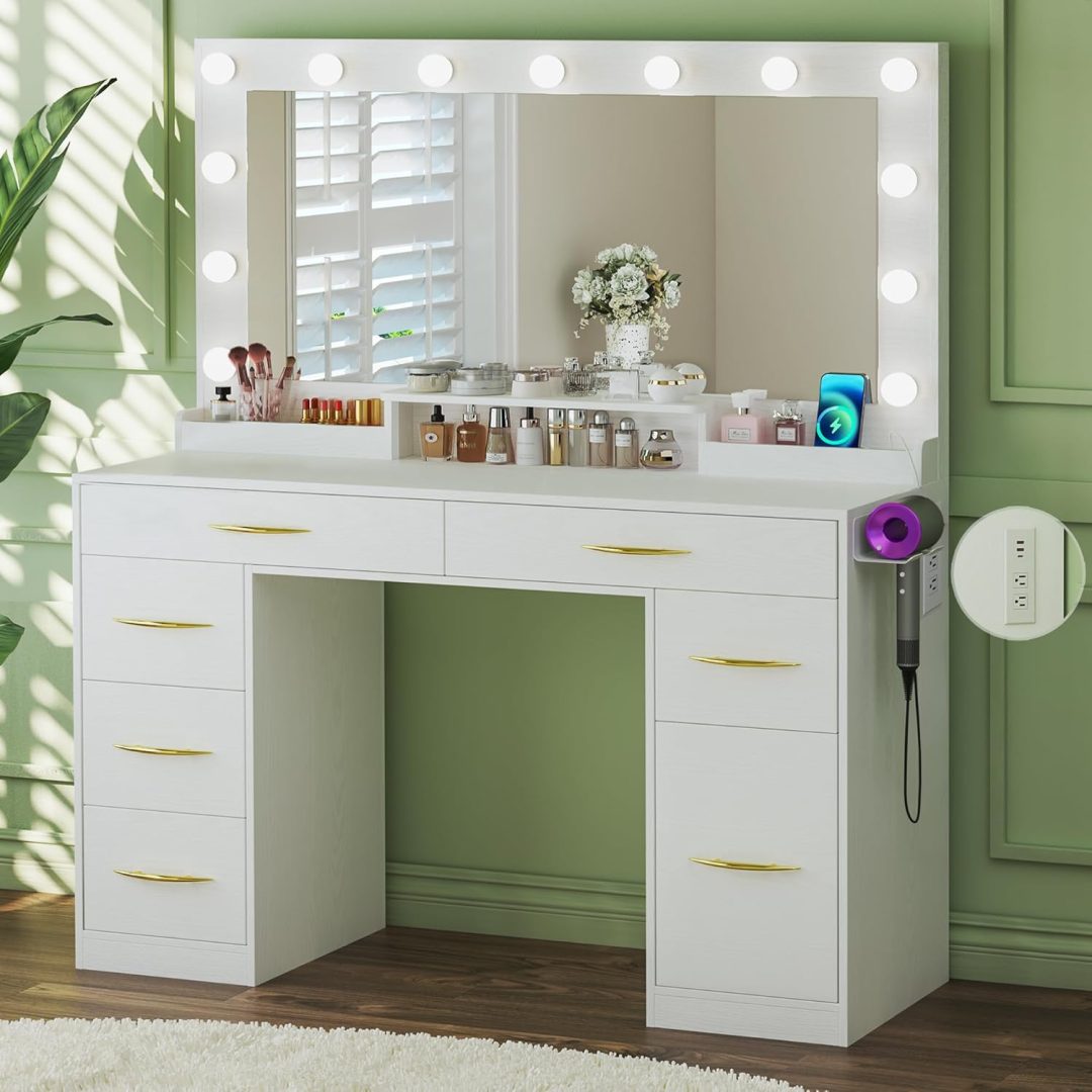 Makeup Vanity Desk with Lights, Vanity Desk with Large Mirror, White Vanity with 6 Large Drawers & 1 Cabinet & Power Outlet, 3 Lighting Color Adjustable