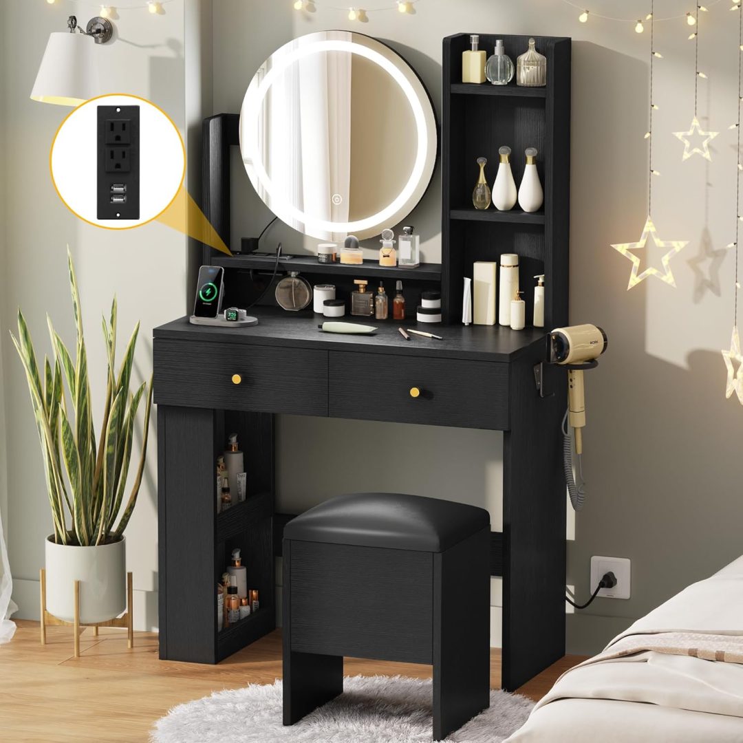 Makeup Vanity Desk with Mirror and Lights, Vanity Table Set with Power Outlets, Storage Drawer, Chair and 3 Shelves, Bedroom