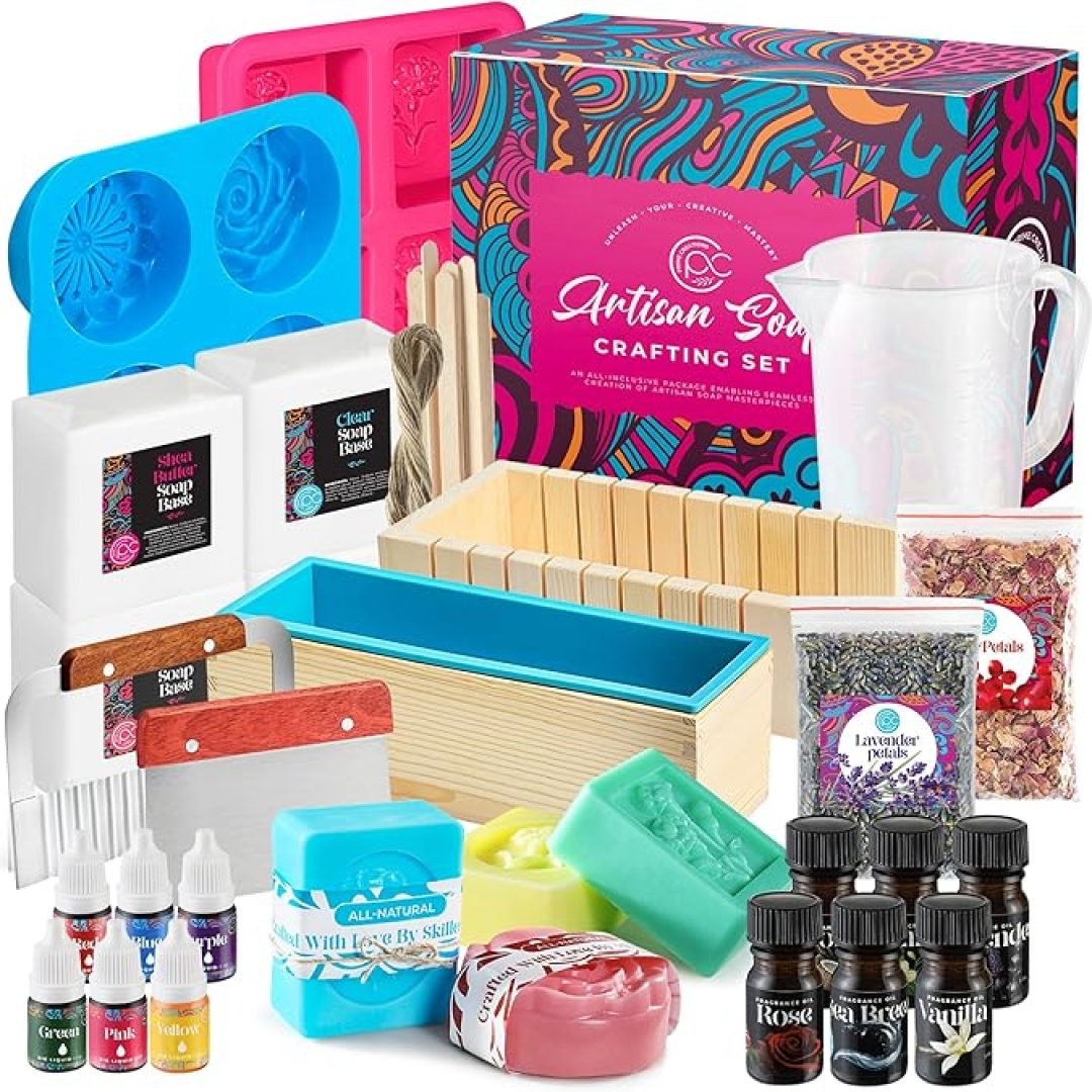 Soap Making Kit with Melt & Pour Base, Cutting Box, Molds, Fragrances – for Adults & Kids
