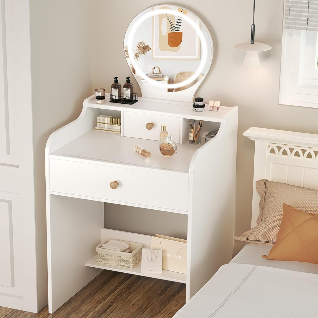 Small Vanity Desk Set with Round Mirror and Light- Vanity Desk with Drawer