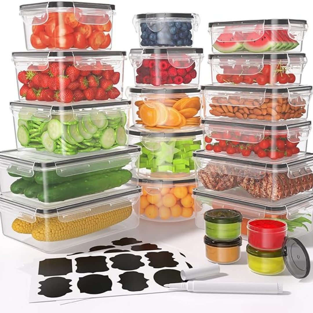 KEMETHY 40 Pcs Food Storage Containers with Lids Airtight (20 Containers & 20 Lids), Plastic Meal Prep Container for Pantry & Kitchen Organization, BPA-Free, Leak-Proof with Labels & Marker Pen